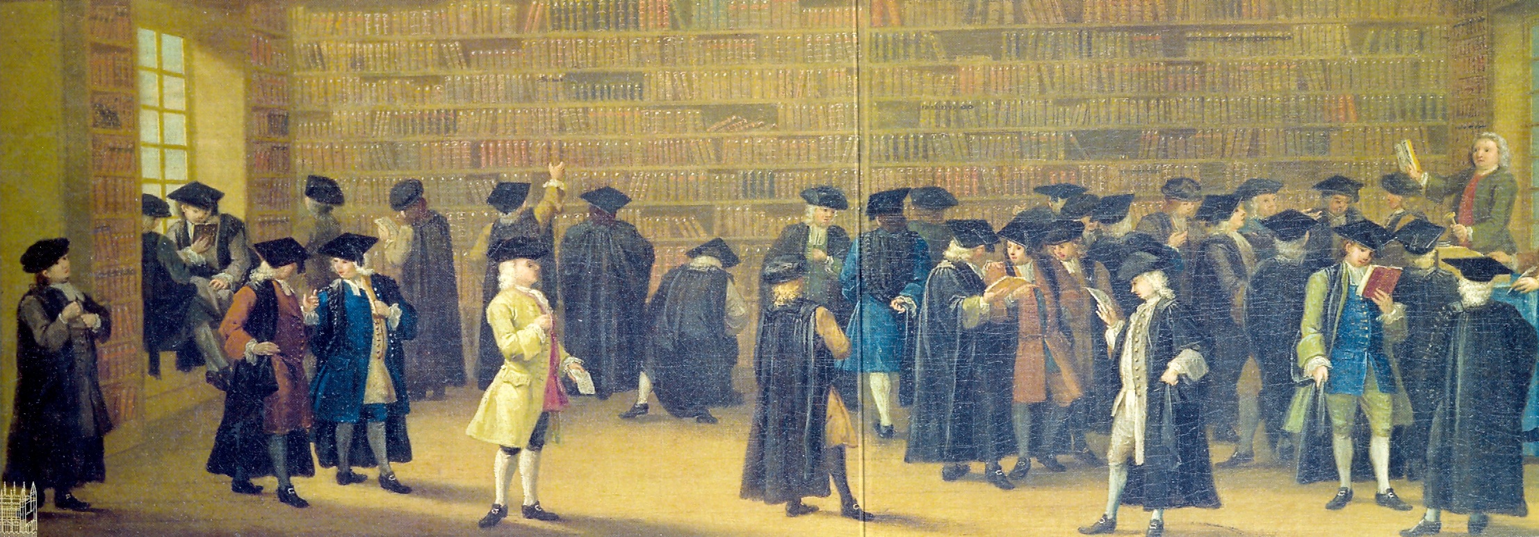 Image of busy book auction, Oxford, 1747.