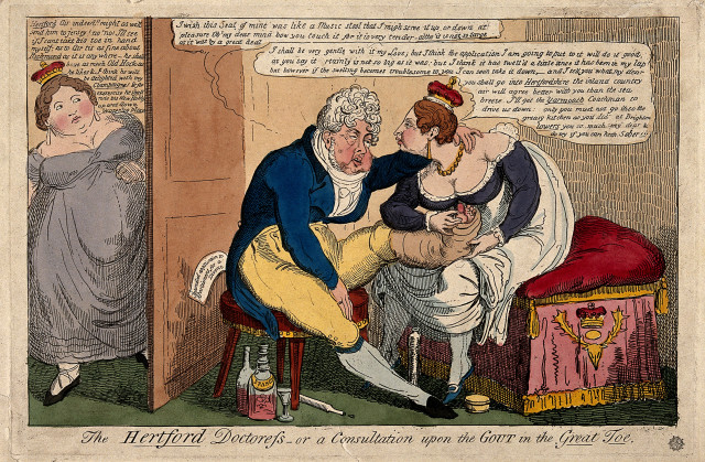 V0011000 A gouty man having his foot caressed by a voluptuous woman w Credit: Wellcome Library, London. Wellcome Images images@wellcome.ac.uk http://wellcomeimages.org A gouty man having his foot caressed by a voluptuous woman with a crown, another crowned woman listens in the doorway; representing King George IV with his mistress the Marchioness of Hertford and his wife Queen Caroline of Brunswick. Coloured etching, c. 1820. Published: - Copyrighted work available under Creative Commons Attribution only licence CC BY 4.0 http://creativecommons.org/licenses/by/4.0/